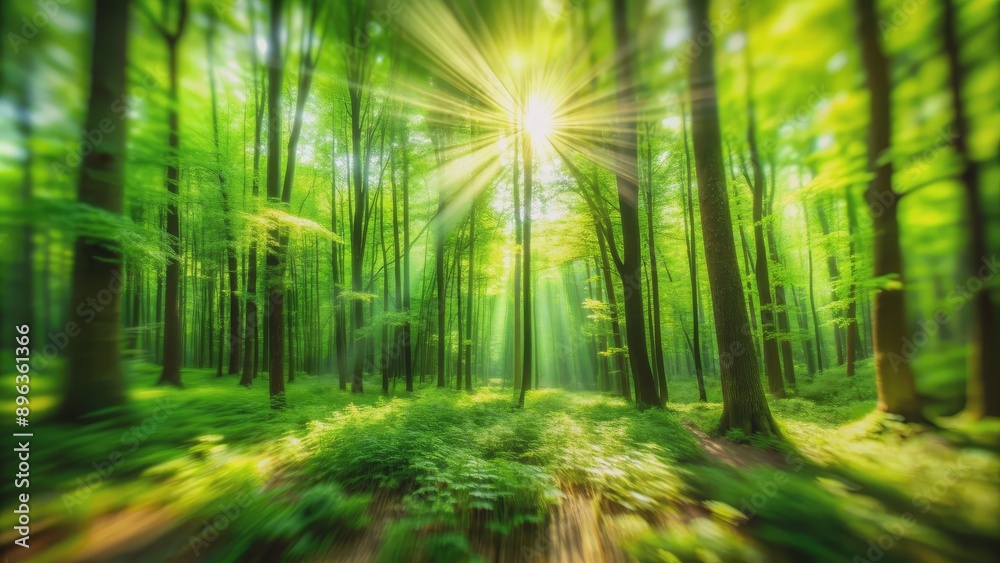 Naklejka premium Sunlight Through Green Forest, Motion Blur, Nature Photography, Sunbeams, Green, Forest, Nature