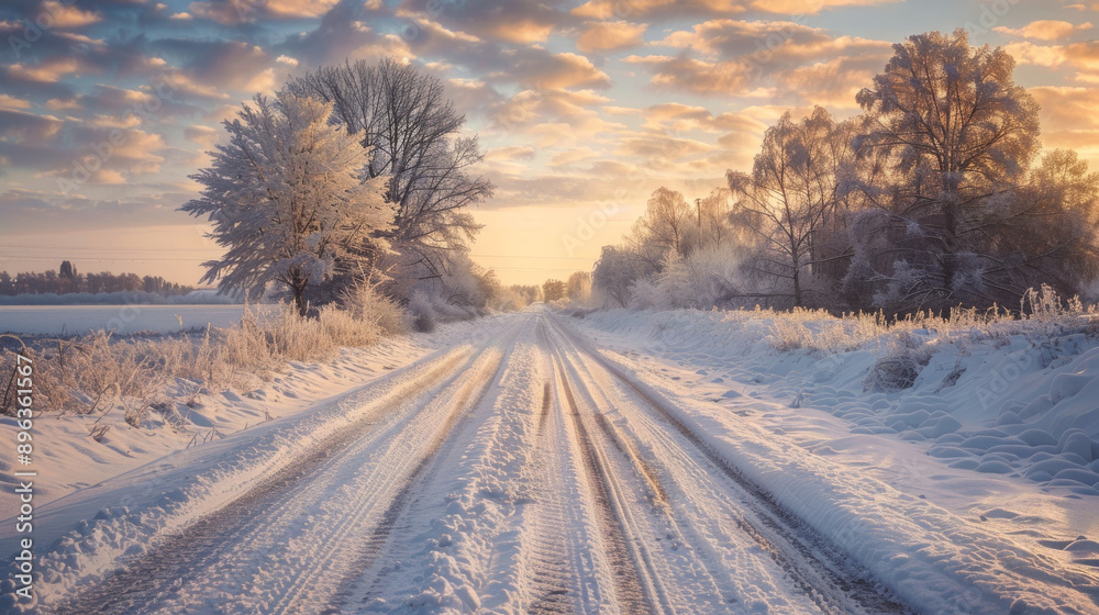 Snow-covered road on a snowy winter morning. Snow-covered road on a snowy winter morning.