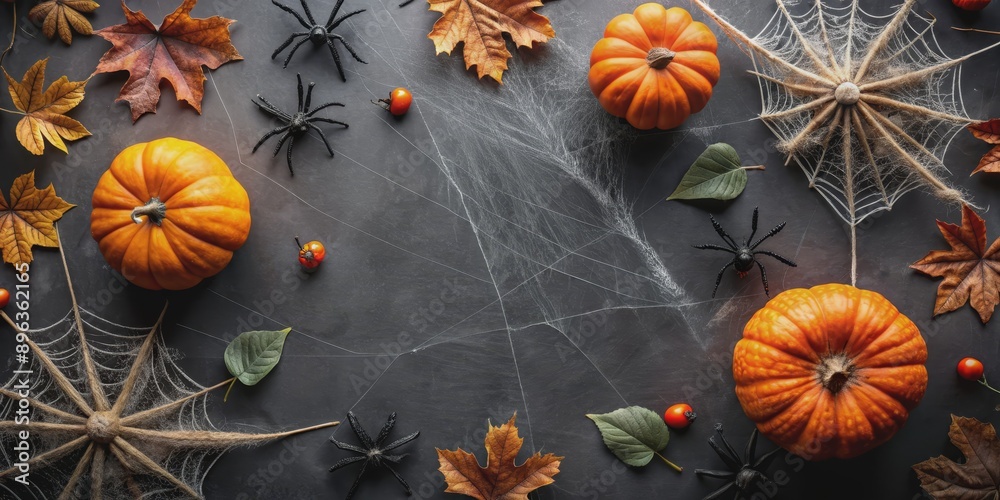 Top View Flat Lay of Pumpkins, Spiders, and Cobwebs, Halloween, fall, autumn, spooky Top View Flat Lay of Pumpkins, Spiders, and Cobwebs, Halloween, fall, autumn, spooky