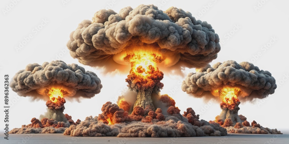 Obraz premium Triple Nuclear Explosion - 3D Render, Isolated, Realistic, Fireball, Smoke, Nuclear Explosion, Mushroom Cloud