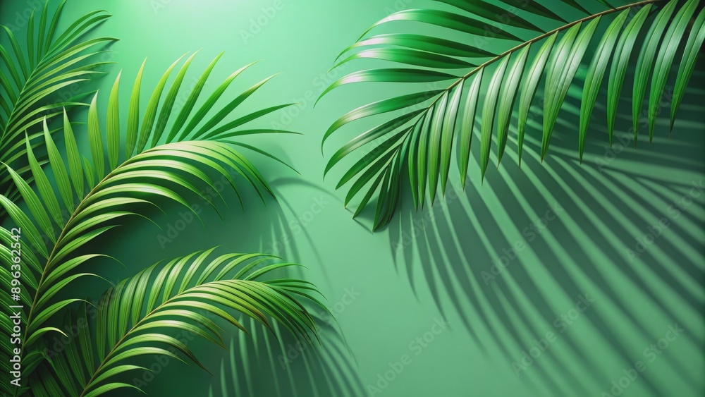 Obraz premium Tropical Palm Leaves Shadows on Green Background, tropical , palm leaves , summer , nature