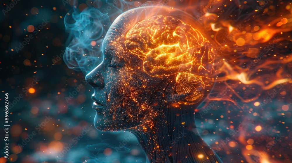FPV cinematic shot of tridimensional psychedelic brain figures revolving inside a human head, with a blur filter and fast-motion effect FPV cinematic shot of tridimensional psychedelic brain figures revolving inside a human head, with a blur filter and fast-motion effect
