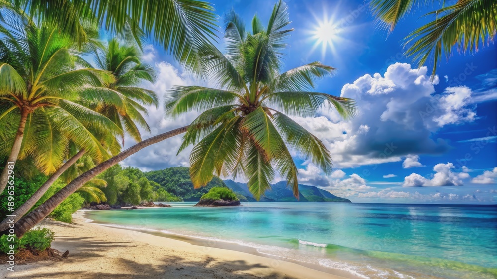 Tropical Paradise Palm Trees Frame a Pristine Beach, beach, tropical, vacation, paradise