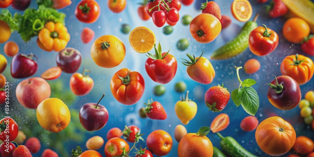 Vibrant Fruit and Vegetable Explosion A Colorful Still Life, Fruits, Vegetables, Still Life , Food Photography