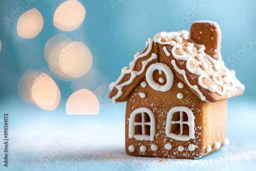 Gingerbread house decorated on snowy blue blurred background. Sweet cookies for winter holidays. Merry Christmas and Happy New Year. Template with copy space for design greeting card or poster 