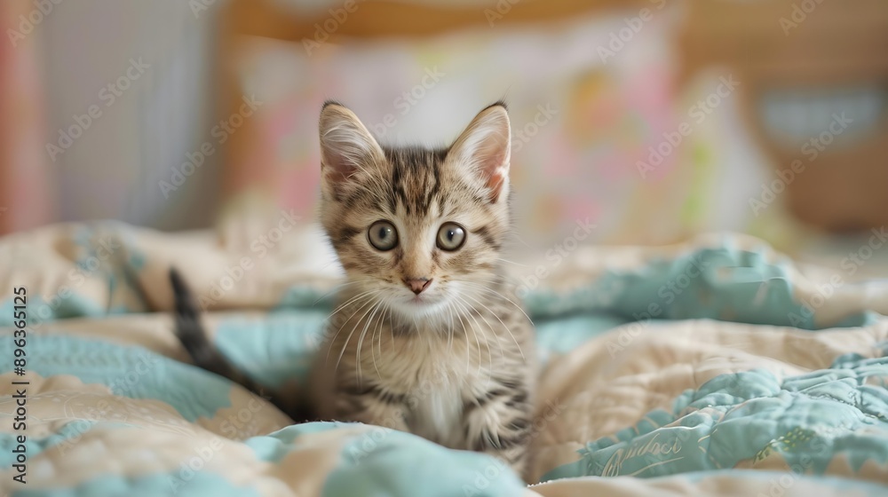 Obraz premium Cute little kitten on bed - Caring for pets