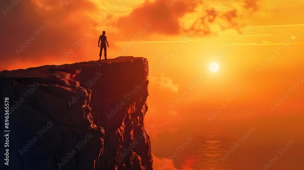 Man standing on top of cliff at sunset Man standing on top of cliff at sunset
