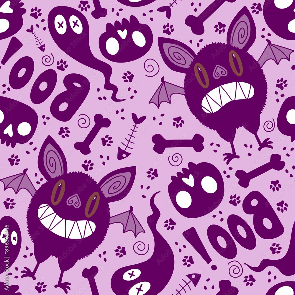 Naklejka premium Halloween monsters animals seamless bat and ghost and skulls pattern