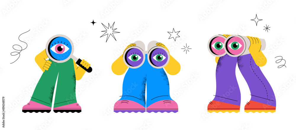 Obraz premium Funny characters holding binoculars, magnifying glass and spyglass telescope. Seo, searching, looking for, finding, hiring concept. Isolated design elements. Vector illustration