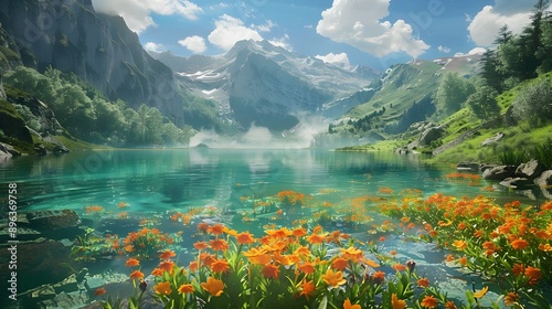 A breathtaking scene of a serene mountain lake, where the clear turquoise waters reveal a vibrant underwater garden of orange flowers. Majestic mountains and lush green forests surround the lake, 