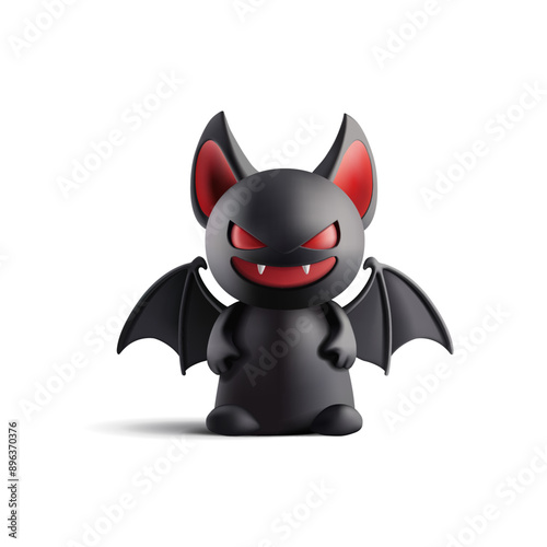 Black stylized vampire bat, 3D. Red eyes. Scary, stylish, cute bat, children's toy. Element for advertising. Vector