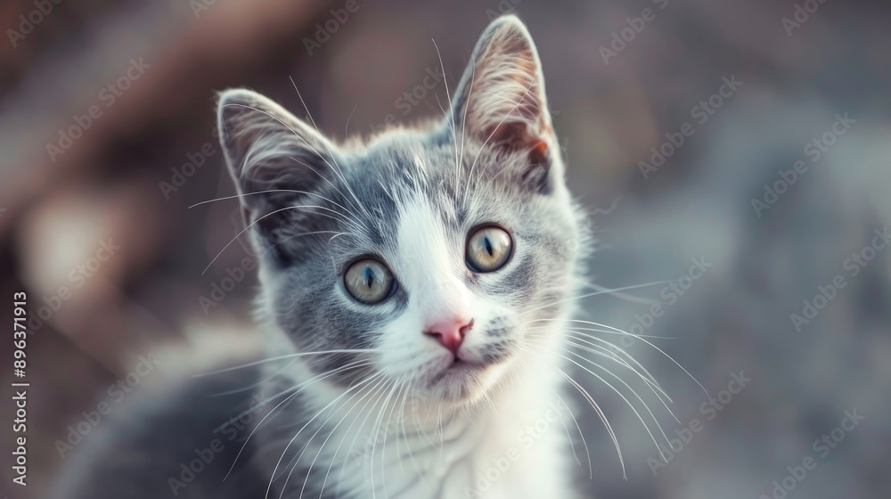 A gray and white cat gazing at the camera A gray and white cat gazing at the camera