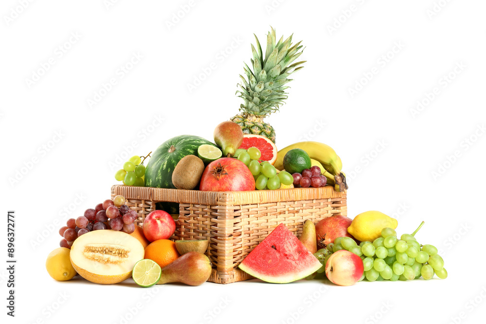 Many fresh ripe fruits in basket isolated on white Many fresh ripe fruits in basket isolated on white