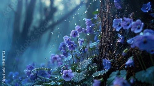 A stunning image of blue forest violets an aged tree and water droplets on flowers photo