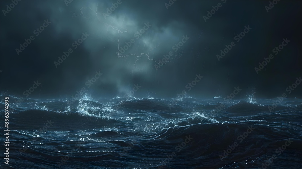 Dark Ocean Storm with Lightning and Waves at Night Dark Ocean Storm with Lightning and Waves at Night