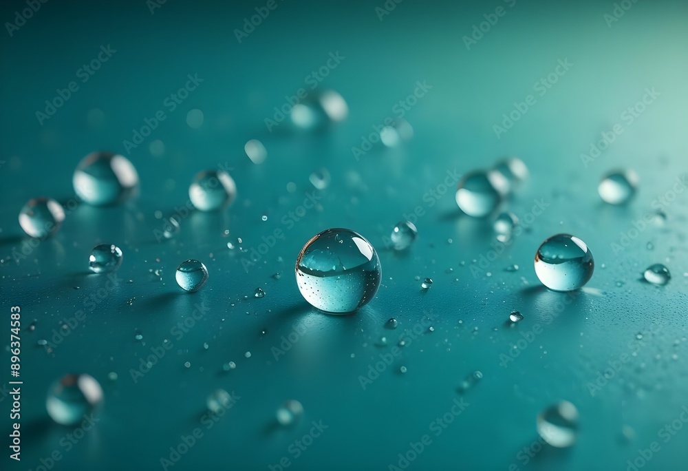 Water round droplets , macro on a light neutral mettallic shiny slab surface against a blurred background Water round droplets , macro on a light neutral mettallic shiny slab surface against a blurred background