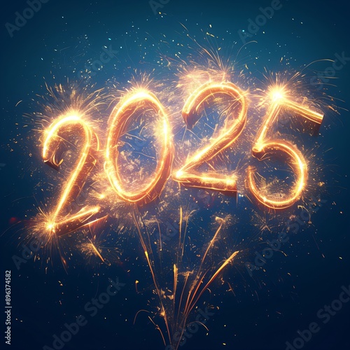 Golden fireworks and number 2025 on dark blue night sky. Merry Christmas and Happy New Year. Celebrating winter holiday. Background for festive banner, greeting card, 