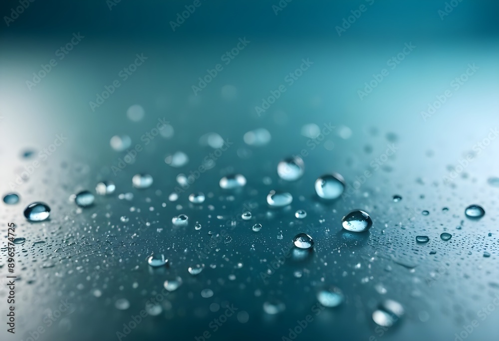 Water round droplets , macro on a light neutral mettallic shiny slab surface against a blurred background Water round droplets , macro on a light neutral mettallic shiny slab surface against a blurred background