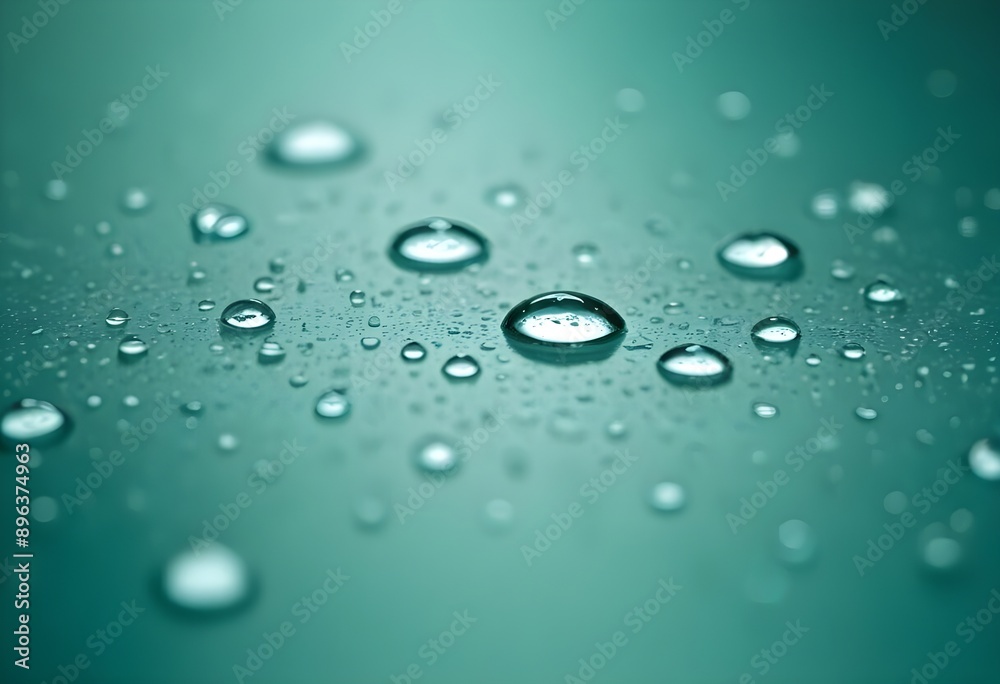 Water round droplets , macro on a light neutral mettallic shiny slab surface against a blurred background Water round droplets , macro on a light neutral mettallic shiny slab surface against a blurred background