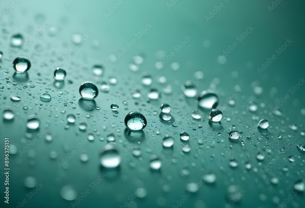 Water round droplets , macro on a dark mettallic shiny slab surface against a blurred background Water round droplets , macro on a dark mettallic shiny slab surface against a blurred background