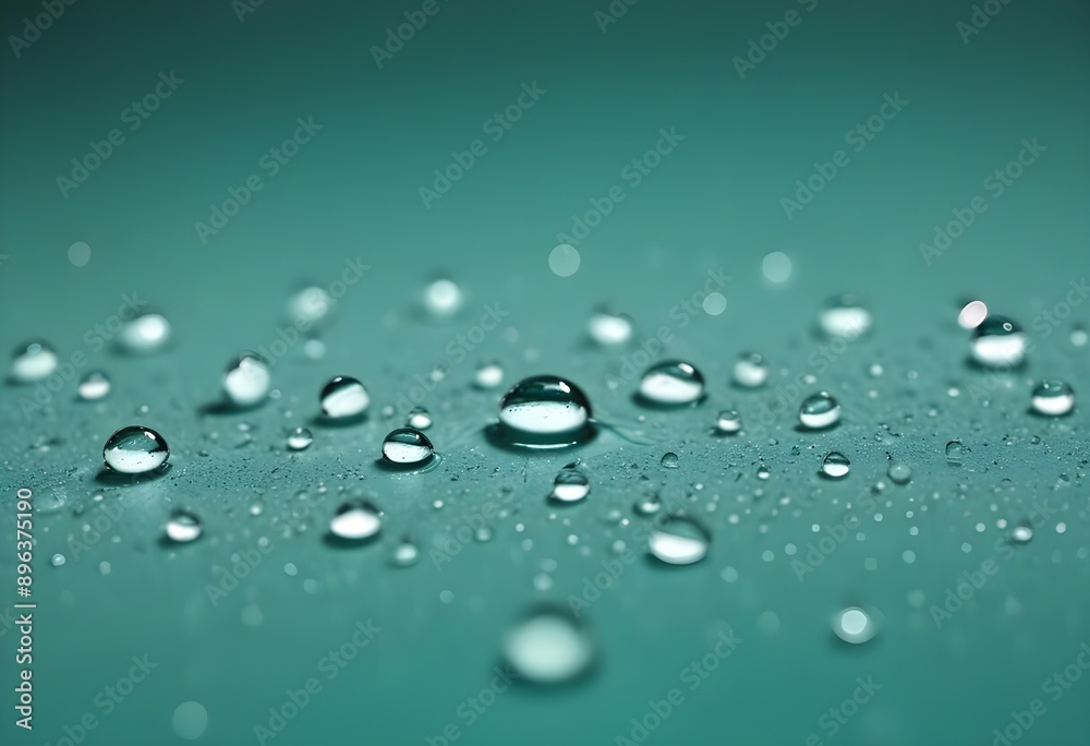 Water round droplets , macro on a dark mettallic shiny slab surface against a blurred background Water round droplets , macro on a dark mettallic shiny slab surface against a blurred background