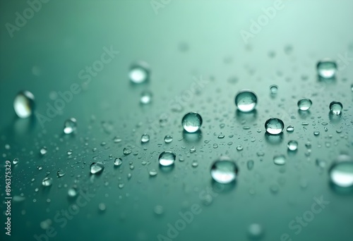 Water round droplets , macro on a dark mettallic shiny slab surface against a blurred background