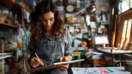 Woman using digital tablet in workshop