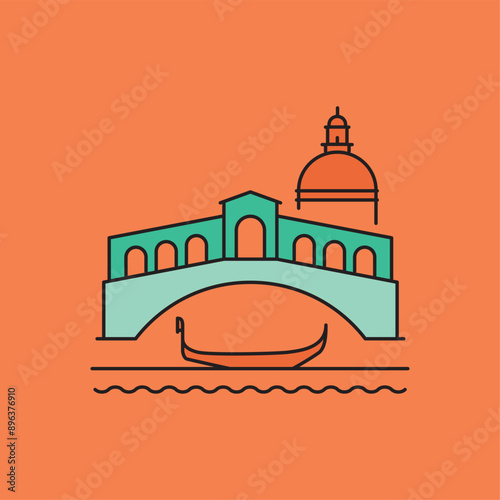 Illustration voyage et tourisme. Venise en italie, Gondole et Rialto