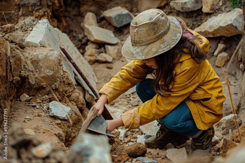 Focused archaeologist digs carefully in the dirt, searching for historical treasures amidst ruins photo