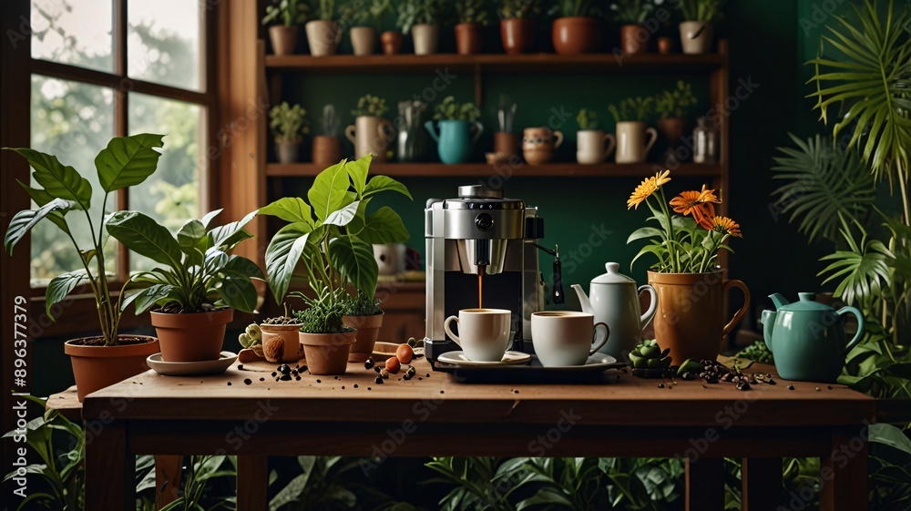 coffee cup coffee maker in the plant room in the middle of various plants, wooden tables, wooden windows, glass, potted plants. coffee cup coffee maker in the plant room in the middle of various plants, wooden tables, wooden windows, glass, potted plants.