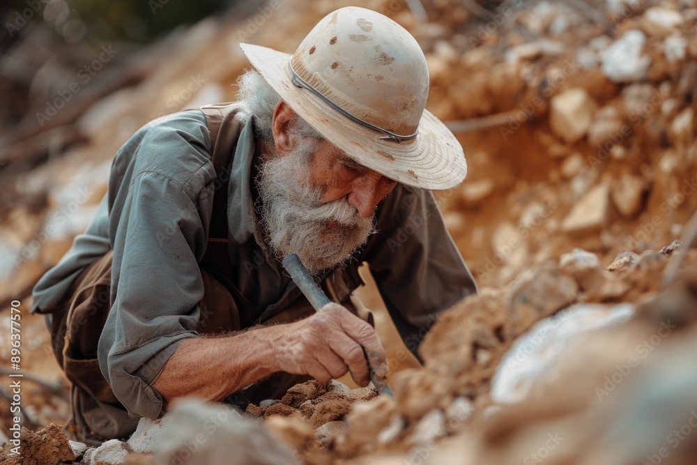Elderly geologist with a beard inspects rock samples outdoors, showcasing concentration and expertise Elderly geologist with a beard inspects rock samples outdoors, showcasing concentration and expertise