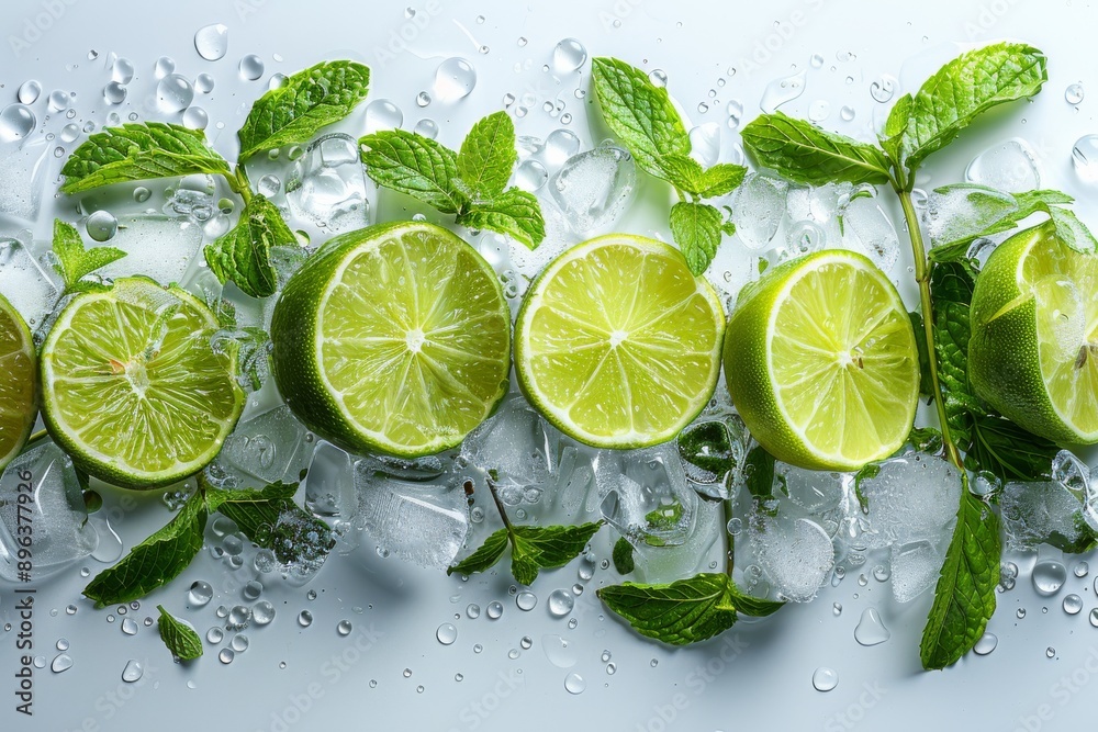Mint, lime, ice in the air with green leaves, against a pure white background. Generative AI Mint, lime, ice in the air with green leaves, against a pure white background. Generative AI