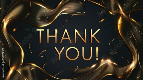 Luxury golden THANK YOU poster text on black background, featuring wavy lines. gratitude in business, event invitations and personal thank you notes.