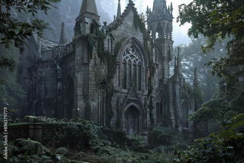 Atmospheric view of a majestic gothic castle shrouded in mystery amidst a foggy forest © ylivdesign