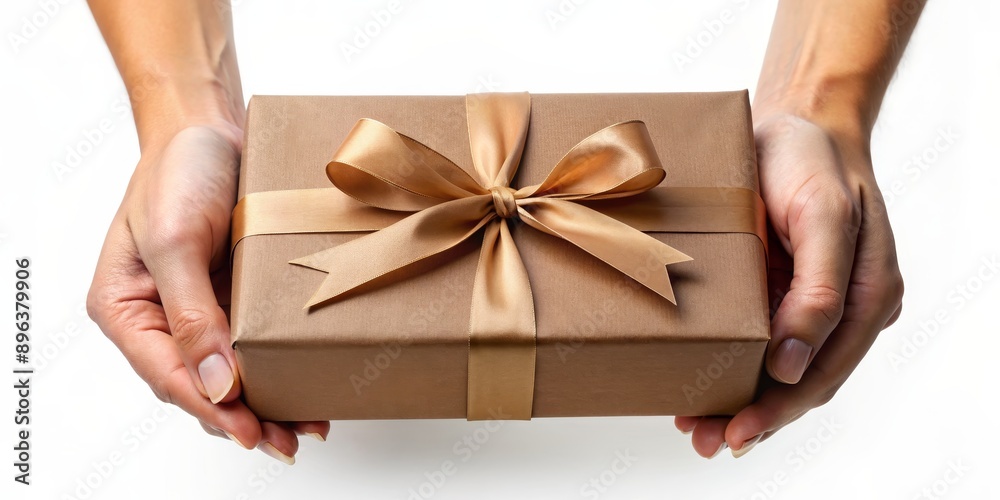 Hands Holding a Brown Gift Box with a Gold Ribbon, gift , present , celebration , surprise Hands Holding a Brown Gift Box with a Gold Ribbon, gift , present , celebration , surprise
