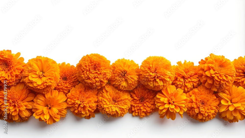 Row of Orange Marigolds Flowers on White Background with Copy Space. Bright and Cheerful Design Perfect for Floral Themes and Decorative Projects Row of Orange Marigolds Flowers on White Background with Copy Space. Bright and Cheerful Design Perfect for Floral Themes and Decorative Projects