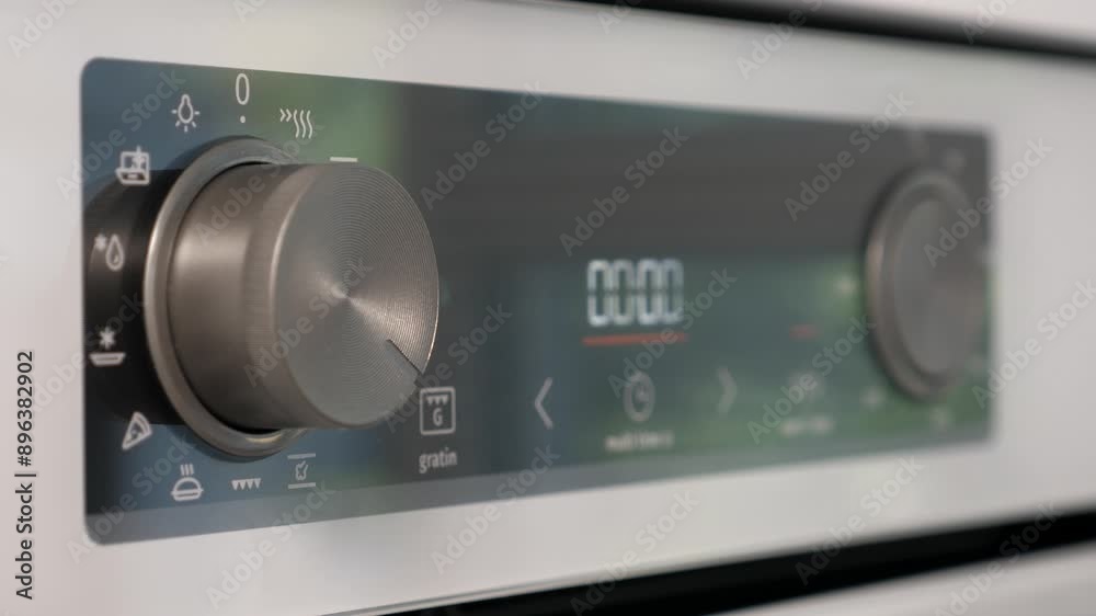 Woman adjusting modern white oven in kitchen. Female hand pushing and turning knobs on oven control panel. Closeup Woman adjusting modern white oven in kitchen. Female hand pushing and turning knobs on oven control panel. Closeup