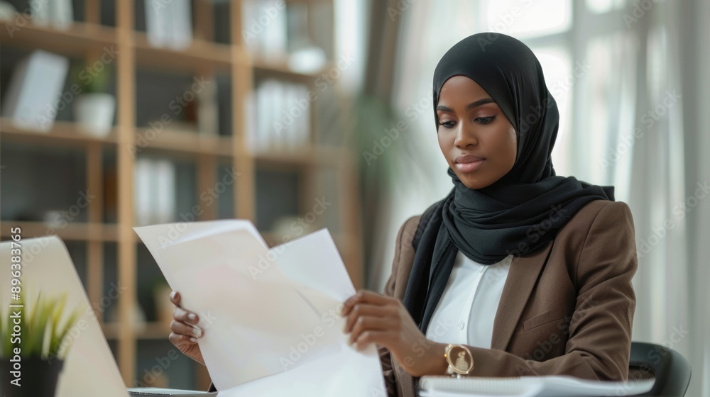 Muslim Businesswoman Reviewing Documents in Office Muslim Businesswoman Reviewing Documents in Office