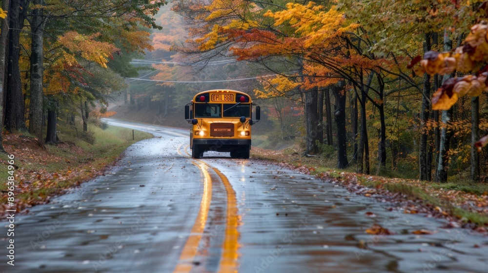 Obraz premium school bus on a road in the middle of the forest in autumn
