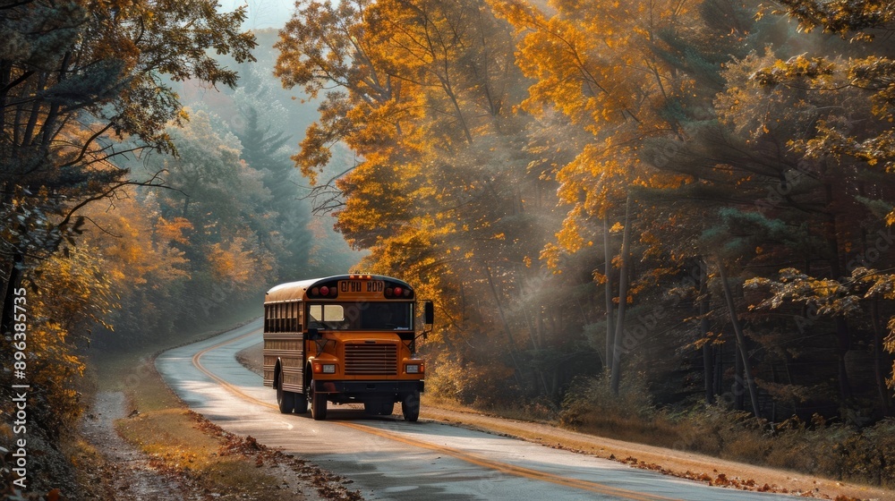 school bus on a road in the middle of the forest in autumn school bus on a road in the middle of the forest in autumn