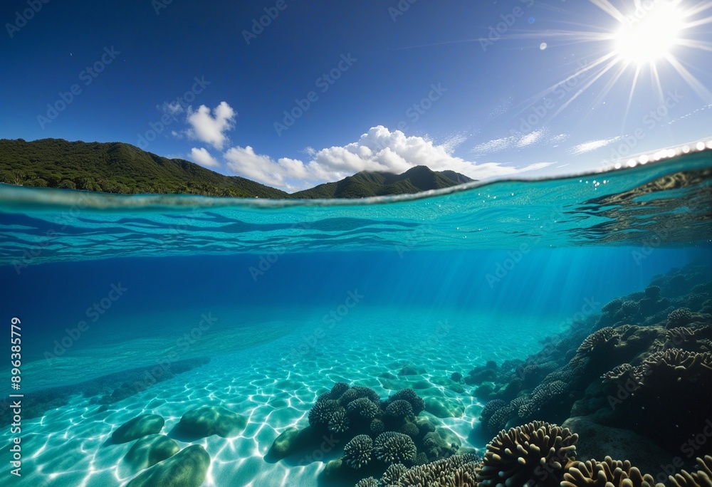 Underwater sea with wave in deep blue at an island Underwater sea with wave in deep blue at an island