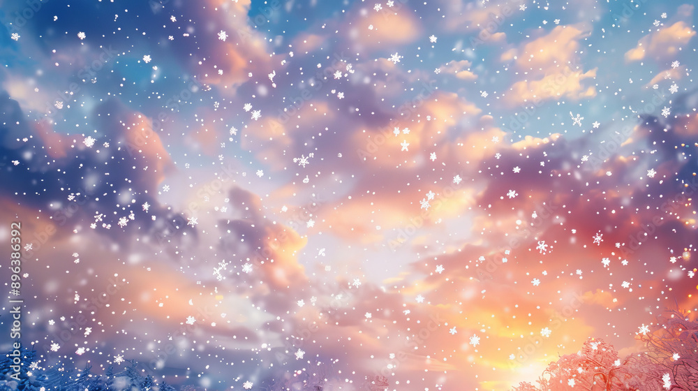 Fototapeta premium Wintry backdrop of fluttering snowflakes against a vibrant sky, creating a picturesque scene of a snowy winter day. Perfect for adorning your digital screens with the magic of a snowfall.