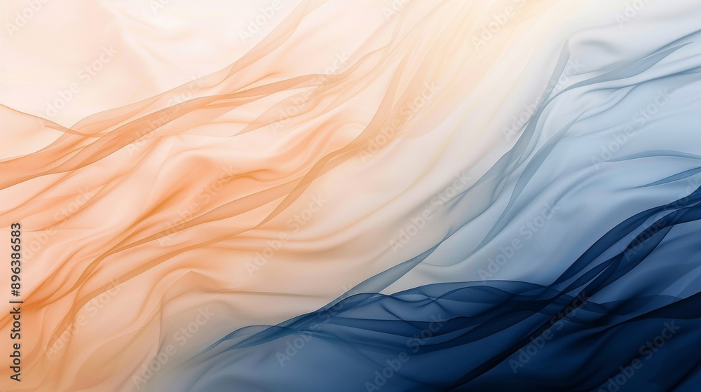 Obraz premium Abstract background of flowing blue, orange and white fabric creating a sense of movement and elegance. The fabric's delicate texture and color gradient add a touch of sophistication to any design