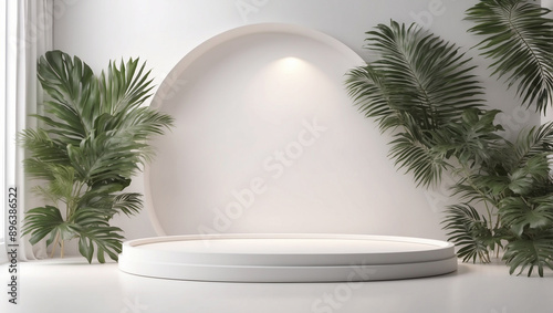 Empty white Room Background with Light, Palm Leaves, Backdrop Mockup Display Podium Design for product presentation of Cosmetic © adynue