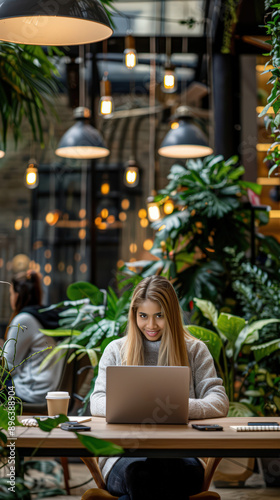 Afro-American woman looking at camera while working in a coworking space with plants