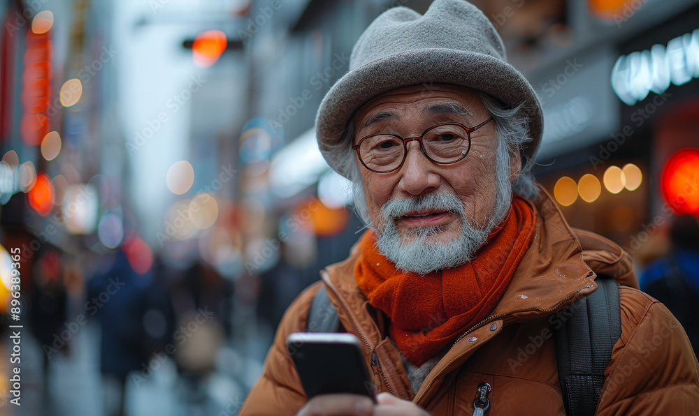 Older Man Using Smartphone on Busy Street in Winter, Daytime, Urban Setting, Technology, Street Photography Older Man Using Smartphone on Busy Street in Winter, Daytime, Urban Setting, Technology, Street Photography