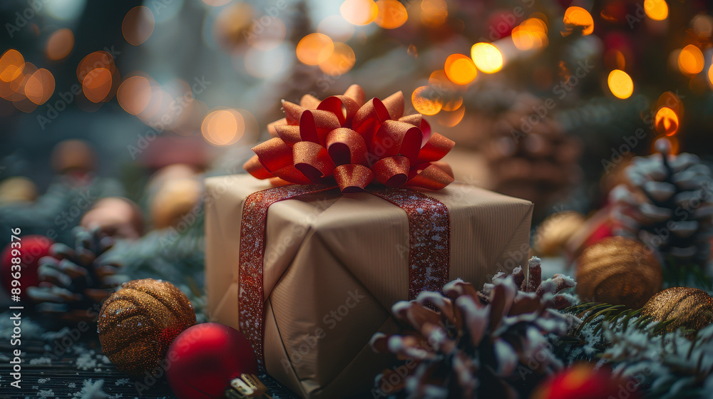 Christmas Present Wrapped in Red Ribbon Surrounded by Festive Decorations, Pine Cones and Ornaments with Warm Christmas Lights in Background, Holiday Celebration, Winter Evening