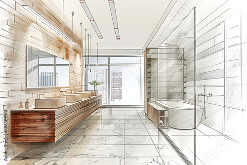 Modern bathroom interior with wooden decor in eco style. 3D Render