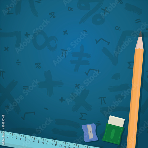 Math Design Layout - Mathematics Layout with Ruler, Pencil, Eraser and Sharpener on Blue Background with Mathematical Symbols. Square Shape.