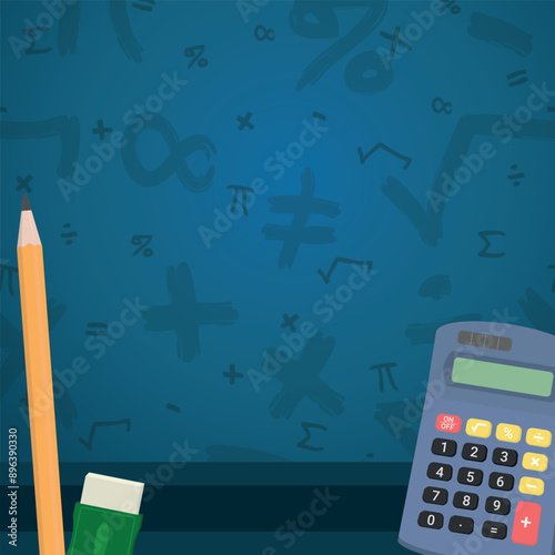 Math Design Layout - Mathematics Layout with Calcutator, Pencil and Eraser on Blue Background with Mathematical Symbols. Square Shape.